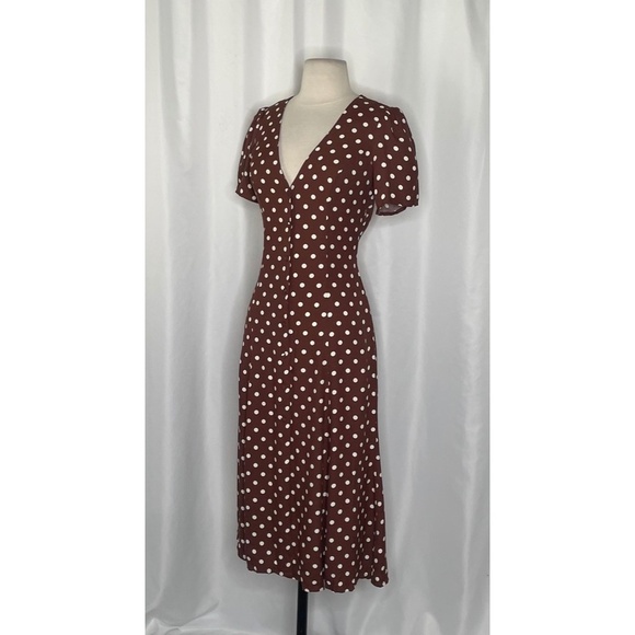 REFORMATION Locklin Dress Brown White Polka Dot Midi Au Lait Chocolate Dress 2 - Picture 7 of 15
